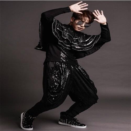 R56 Men black sequin dj costumes ballroom dance wears dress outfits bar cloak singer wears suit t-shirt club pants jazz clothe