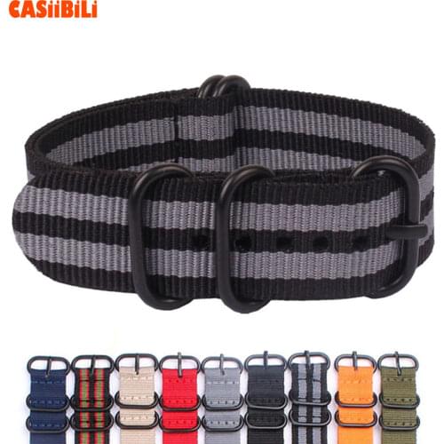 Black Ring Pin Buckle NATO Nylon Perlon Stripe color 18 20 22 24mm Width Watch Band Strap Military Sport Diver Stainless