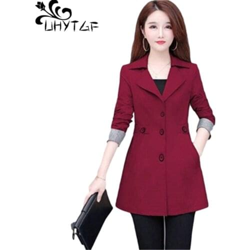 UHYTGF 5XL Plus Size Tops Outerwear Single-Breasted Casual Womens Spring Autumn Trench Coat Slim Elegant Female Windbreaker 1306