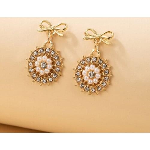 HuangTang Vintage Crystal Geometric Drop Dangle Earrings for Women Charming Gold Colr Bow-Knot Earrings Jewelry 17691 серьги