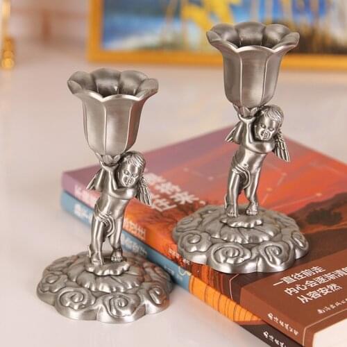 Vintage Candlestick European Romantic Angel Antique Candelabra Bronze Pewter Home Votive Candle Holder Decoration