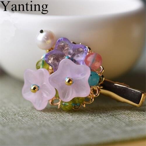 Yanting Glass Glazed Flower Hair Clip Pin Beauty Head Jewelry Headpiece Natural Pearl Watermelon Crystal Hair Jewelry Gift 0133