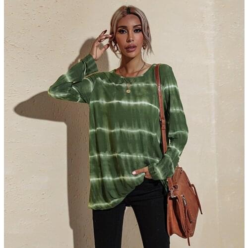 Women Round Neck Tie-Dye Printed Striped T-Shirt Autumn Ladies Loose Casual Long Sleeve Tee Tops футболка Female Clothing