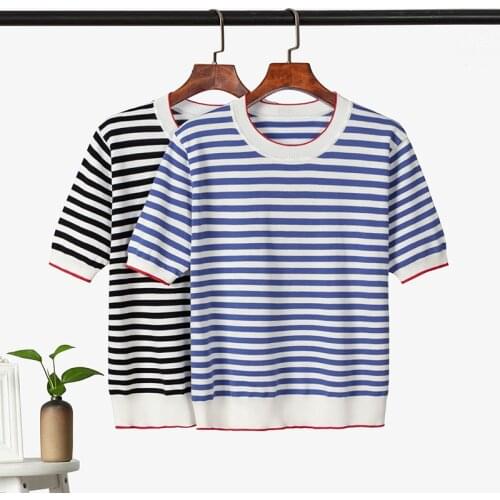 2021 Summer Women Stripe T Shirt Ice Silk Short Sleeve O Neck Knitted Tops INS Fashion Casual Loose Shirt Camiseta Feminina Top