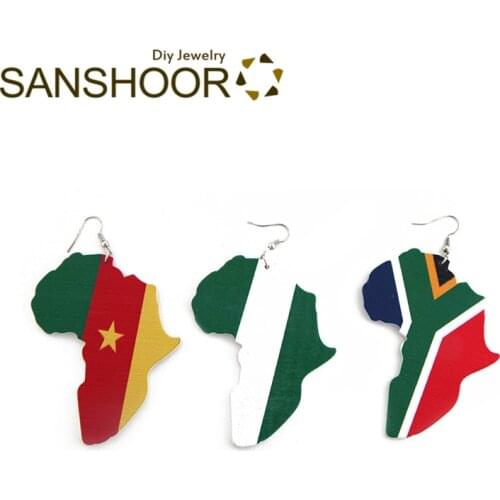 SANSHOOR New Printed African Wooden Earrings Africa Map Motherland Countries Woman Jewelry Gift for Black Women 6cm Size1 Pair