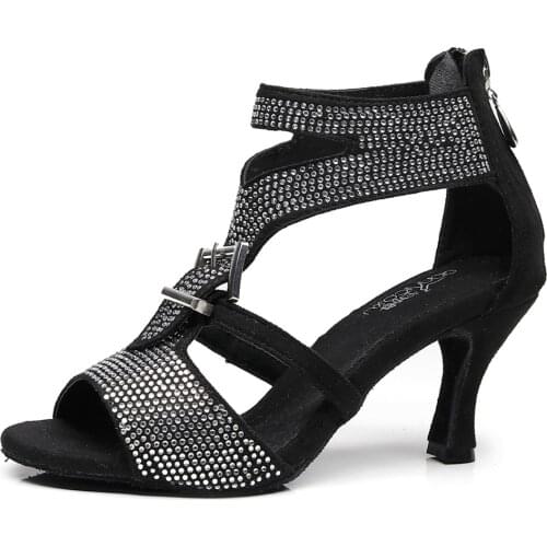 Discounts Salsa Latin Dance Ladies Modern Stylish High Heel for Women Dancing Shoes Ladies Stylish Heel Rhinestone Black Shoe
