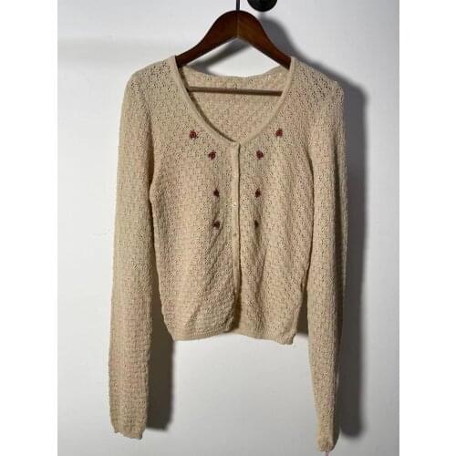 2021 Autumn Womens Long Sleeve Knit Cardigan Floral Embroidery O-Neck Hollow Out Slim Female Sweaters and Tops with Buttons