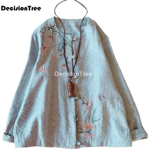 2021 vintage flower embroidery women chinese traditional cotton linen hanfu blouse novelty clothing tops full sleeve shirt