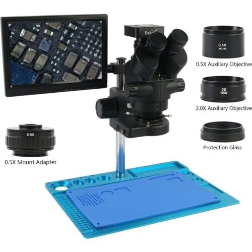 3.5X-90X Simul-Focal PCB SolderingTrinocular Stereo Microscope Aluminum Alloy Base 1080P 34MP HDMI USB Video Camera + 10.1" LCD