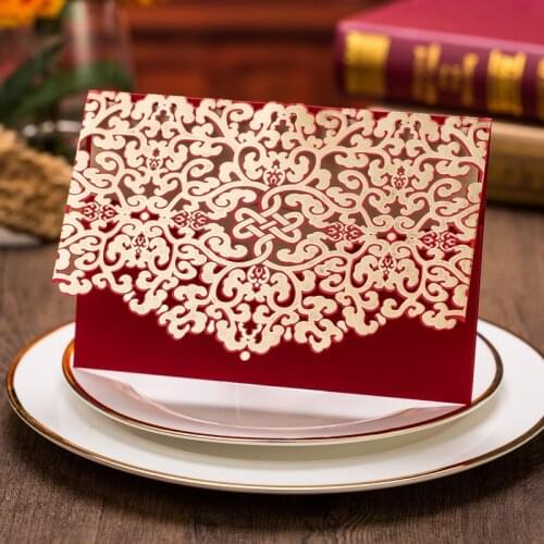 50pcs Luxury Red & Gold Floral Wedding Invitation Card with Envelope Horizontal Laser Cut Customized Print Blank Marriage Card