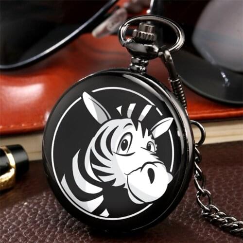 Lovely Cartoon Zebra Head Printed Quartz Pocket Watch Antique Black Fob Pendant Clock Arabic Numerals Analog Pocket Watches Gift