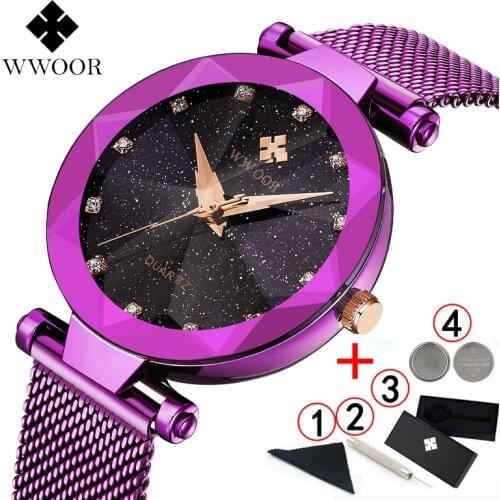 Women Watches Top Brand Luxury Diamond Purple Womens Stainless Steel Watch Quartz Original Female Wristwatch Women Watch 2019
