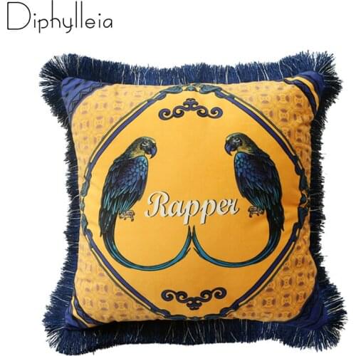 Diphylleia Baroque Style Cushion Cover Parrots Print Blue Yellow Contrast Color Design European Luxury Pillow Case with Tassels