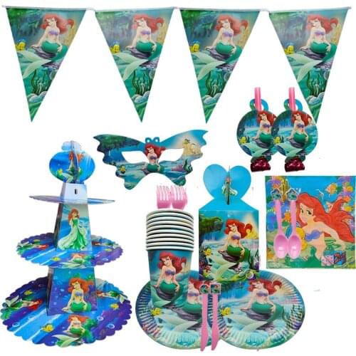 Disney Mermaid Princess Birthday Party Decorations Kids Disposable Tableware Cup Plate Birthday Party Decorations Supplies Set