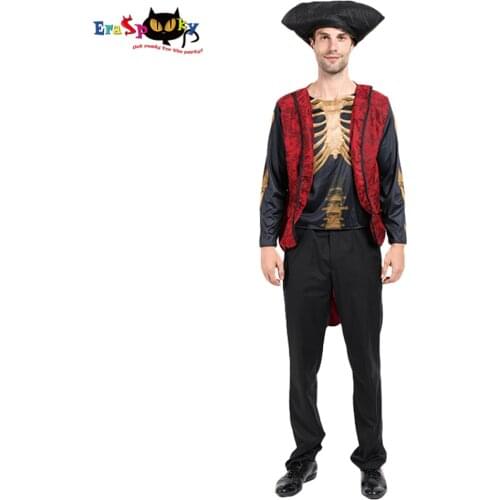 Eraspooky 2019 3D Print Skeleton Mens Pirate Cosplay Halloween Party Costume For Adult Skull Jack Sparrow Hat Long Sleeve Shirt
