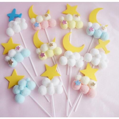 Cake Topper 3Pcs Pink Blue Soft Pompom Cloud Plane Star Moon Baby Shower Birthday Cake Flags Decoration Festival Party Supplies