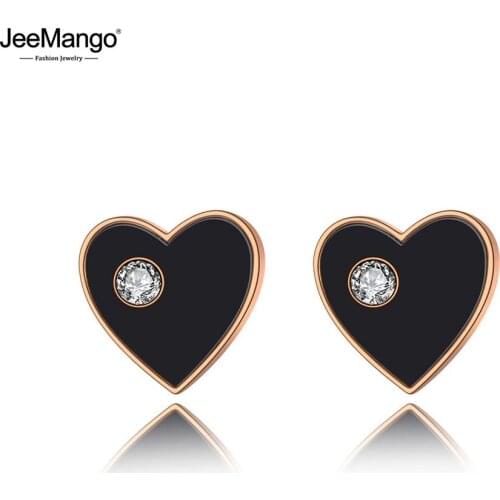 JeeMango Titanium Stainless Steel Black Acrylic Heart Wedding Earrings For Women Trendy CZ Crystal Stud Earrings Jewelry JE19252