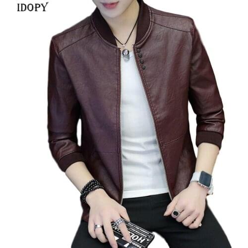 Idopy Men`s Casual Faux Leather Jacket Zipper Soft Rib Sleeve Spring Autumn PU Jacket and Coat Male Plus Size M-4XL
