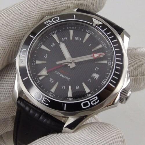 41mm Self Winding Men Watch Automatic GMT Movement Sapphire Glass Leatheer Strap Date Window