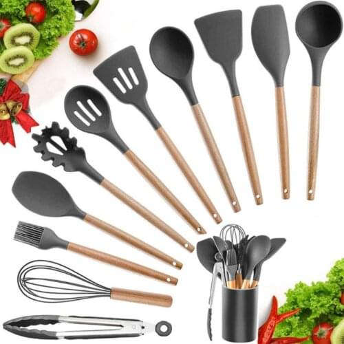 Silicone Kitchen Cooking Utensils Utensil Set,Natural Wooden Handles Utensils Set,Cooking Tool, Spoon Kitchen Gadgets Set