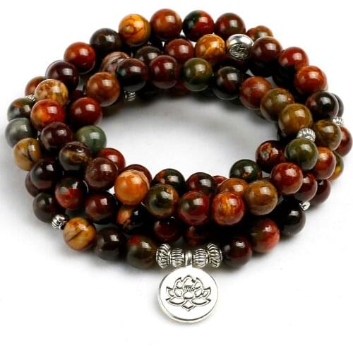 Natural Stone Picasso Round Loose Red creek Beads Bracelet Necklace 108 Prayer Beaded Women Men Wrapped Wrist OM Buddhist Buddha