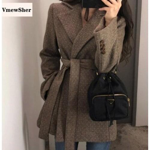 VmewSher New Elegant Winter Women Woolen Coat with Belt Long Sleeve Jacket Warm Outwear Stylish Notched Collar Lady Overcoat