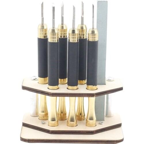Brass Handle Carving Knives 6pcs Set Seal Cutter With Knife Holder Steel Carving Knife Seal Cutting Tools Stone Carving Set