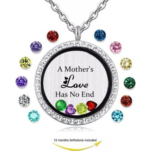 Mothers love has no end engraved magnetic floating locket Pendant, gift for She birthstones charm necklace jewelry