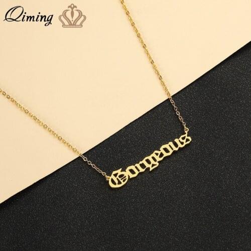QIMING Old English Gorgeous Letter Necklace For Women Simple Jewelry English Words Vintage Everyday Necklaces Bijoux