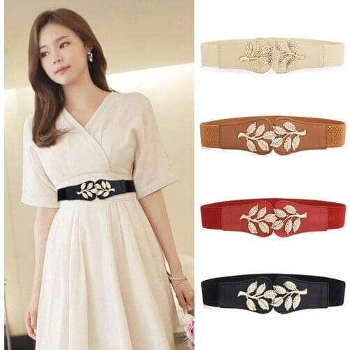 Gold Leaf Buckle Elastic Belts for Women Wide Cummerbunds Ladies Black Corset Waist Belt Dress Waistband