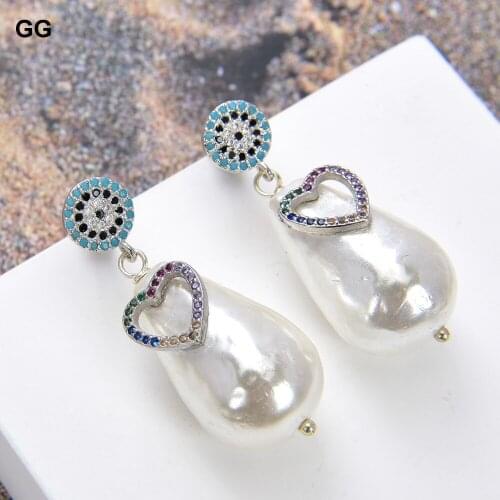GuaiGuai Jewelry White teardrop Sea Shell Pearl Cz pave Heart shaped Stud Earrings