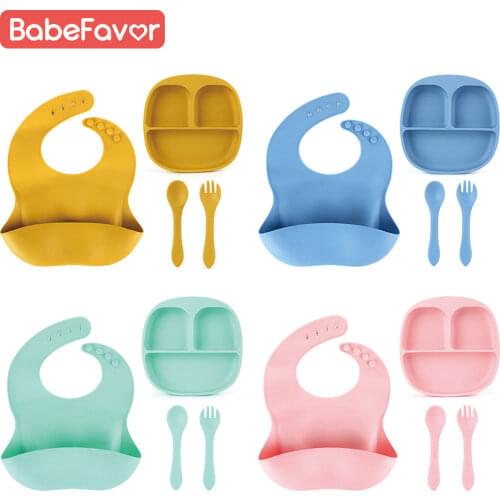 Silicone Baby Feeding Tableware Set Bib Plates Spoon Fork Antislip Saucer Suction Kids Plate Dishes Soft Silicone Dinner Set