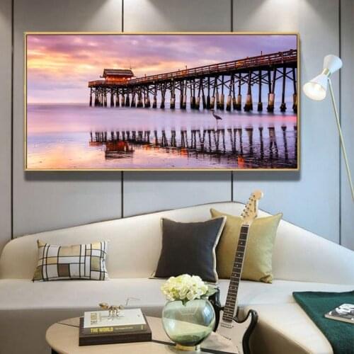 Modern Landscape Poster Print on Canvas Wall Art Painting Wooden Bridge Seascape Picture on the Wall Decor for Room Decoration