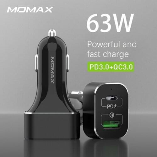 Momax 63W car PD fast charge USB port suitable for Apple mobile phone notebook universal qc3.0 dual port car charger