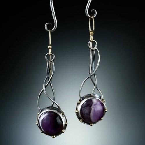 Vintage Round Purple Stone Earrings Tribal Jewelry Silver Color Twist Metal Whirl Hanging Dangle Earrings 2020 New
