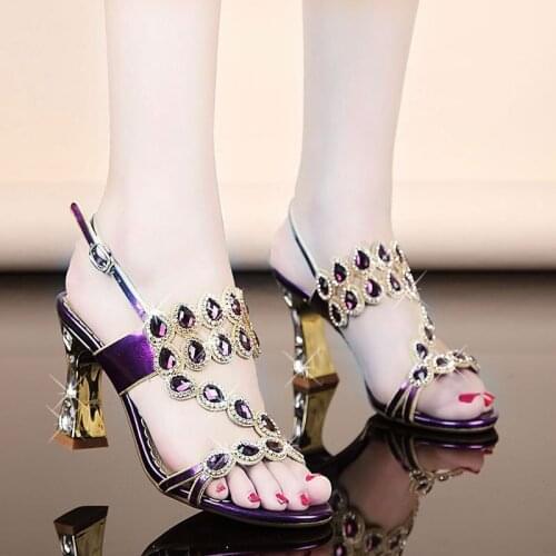 Large Size Women Summer Purple High Heel Sandals 2021 New Korean Luxury Diamond Sexy High-heeled Flowers Crystal Shoes