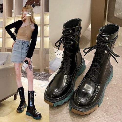 Pu Womens Mid Calf Boots Lace-Up Round Toe Plush In Warmest Platform Female Shoes Thick Bottom Banquet Mixed Colors Women Boots