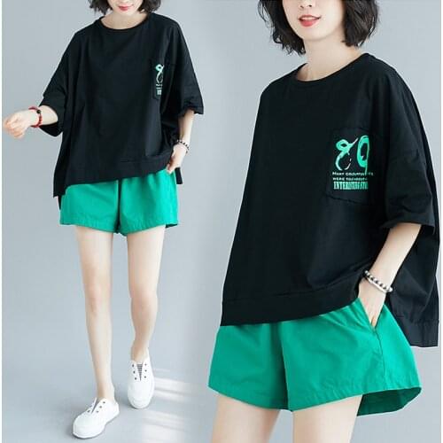 Color matching womens suit letter printing short sleeve round collar T-shirt wide leg shorts loose irregular two-piece suit