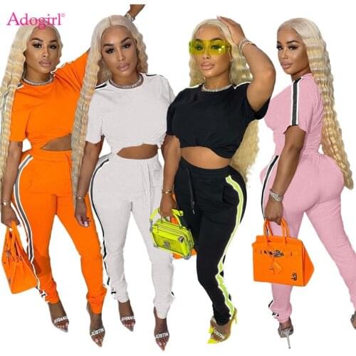 Adogirl Striped Patchwork Women Summer Tracksuit Short Sleeve T-Shirt Crop Top And Pants Casual Sports Suit 2 Piece Sets