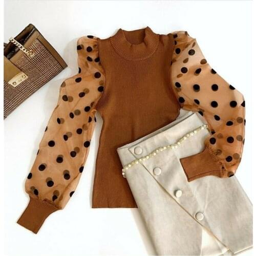 Womens Ladies Fine Ribbed Spotted Polka Dots Mesh Puff Sleeve Top Long-sleeve T-shirts