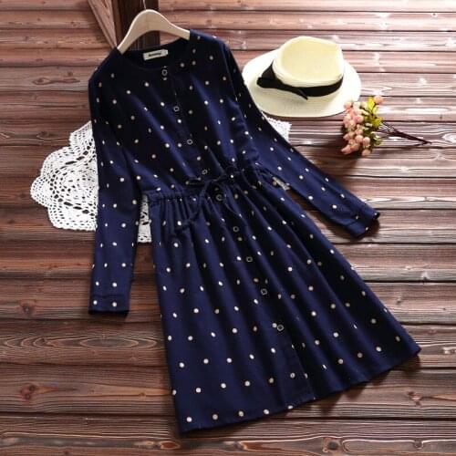 New Mori Girl Autumn Winter Women A-Line Dress Navy Blue Polka Dot Dress Long Sleeve Cotton Elegant Sweet Dresses MH613