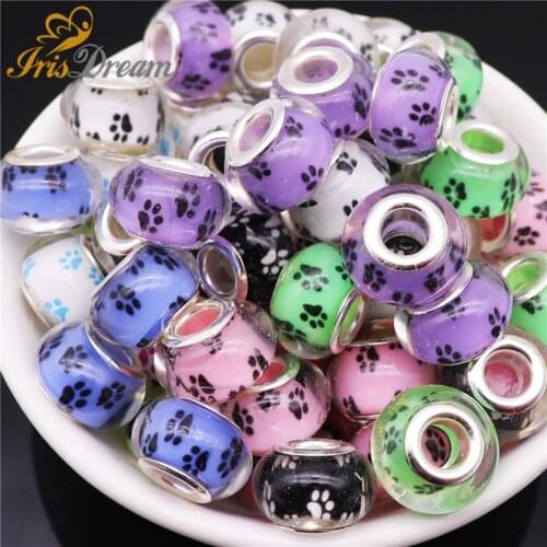 10Pcs Cute Dog Paws Acrylic Charms Large Hole Spacer European Beads Fit Pandora Bracelet Chain Necklace Bead for Jewelry Making