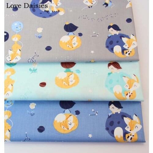 100% Cotton Twill Cartoon BLUE GRAY LIGHT GREEN Fox Boy Moon Space Fabric Kids Bedding Sheet Apparel Dress Handwork Decor Craft