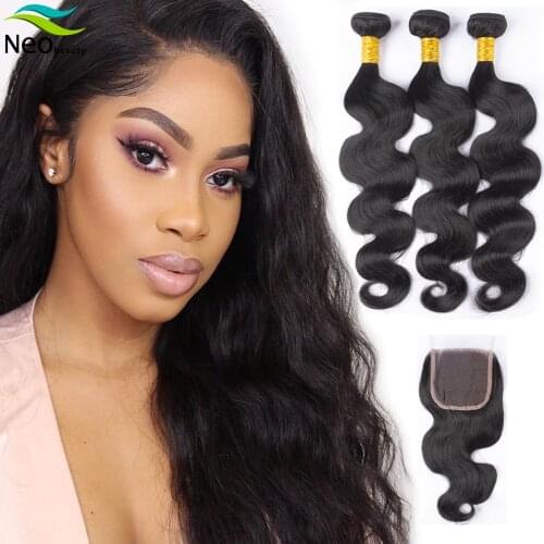 Neobeauty 3 Bundles Body Wave with Closure Cambodian Wet and Wavy Bundles with Closure for remy Hair Extension