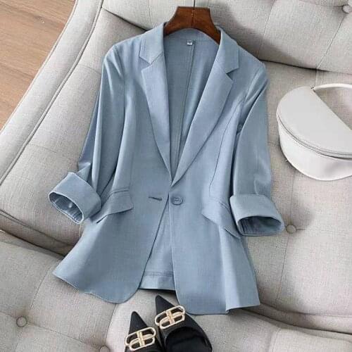 Hot Selling Blazers New Spring Summer Womens Jacket 2021 Chic OL Slim Blazer Femme Elegant Single Button Blue Black Office Suit