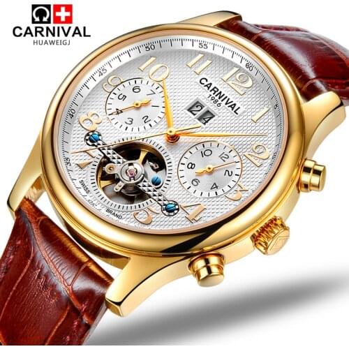 Carnival tourbillon automatic mechanical men watch fashion waterproof full steel china brand watches genuine leather strap male