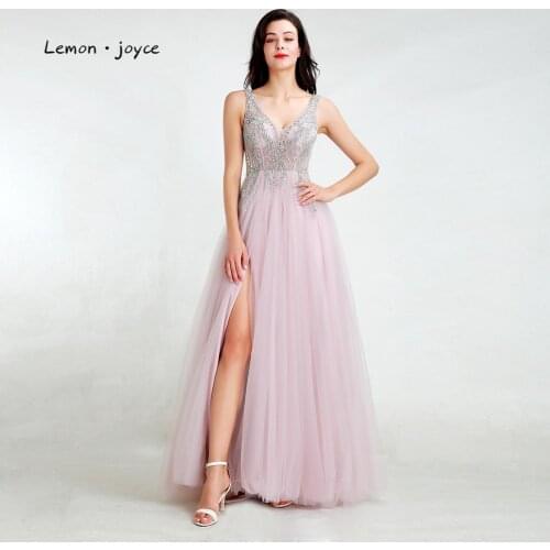 Lemon joyce Elegant Prom Dresses Long 2020 Sexy V-neck Beading Illusion Formal Evening Party Gown Plus Size vestidos de gala