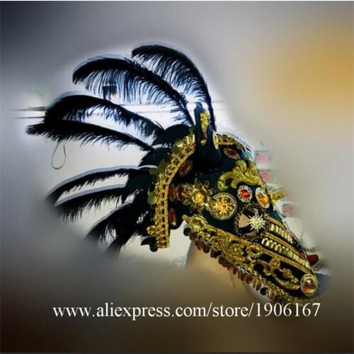 Horsehead Feather Headwear Ballroom Dance Costumes DJ Stage Head Piece Wears Show Catwalk Performance Dress Outfits Pearl Helmet