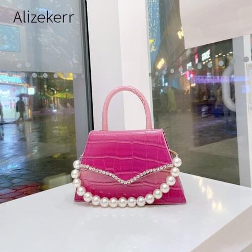 Gradient Color Crocodile Pattern Pearl Handbags 2021 New Korean Luxury Rhinestone Shoulder Bag Ladies Fashion Purse Designer