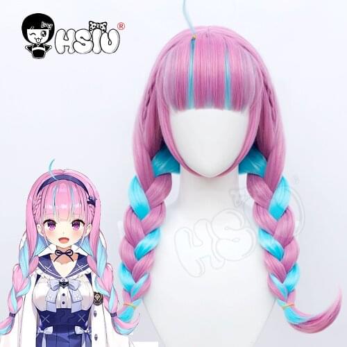 「HSIU Brand」VTuber Hololive Minato Aqua Wig Cosplay Mixed Blue Pink BraidsDouble tail hair Fiber synthetic wig+Free wig cap